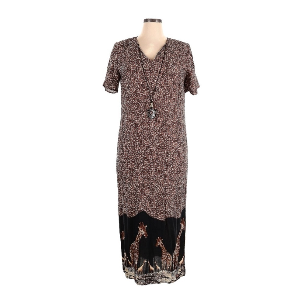 Connected Brown Giraffe Print Lightweight Dress With Necklace Size 14 NWT Midi